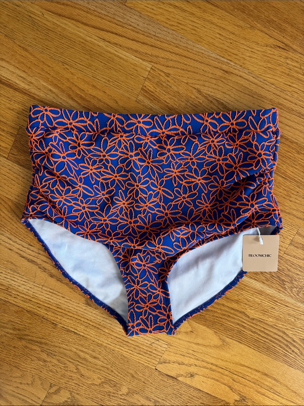 BloomChic Navy Bikini Bottoms with Orange Floral High Waist